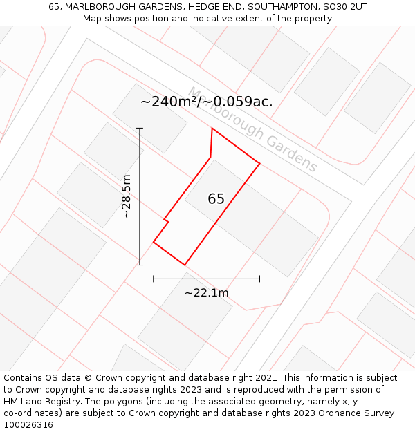 65, MARLBOROUGH GARDENS, HEDGE END, SOUTHAMPTON, SO30 2UT: Plot and title map