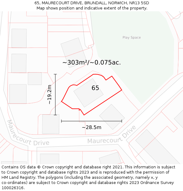 65, MAURECOURT DRIVE, BRUNDALL, NORWICH, NR13 5SD: Plot and title map