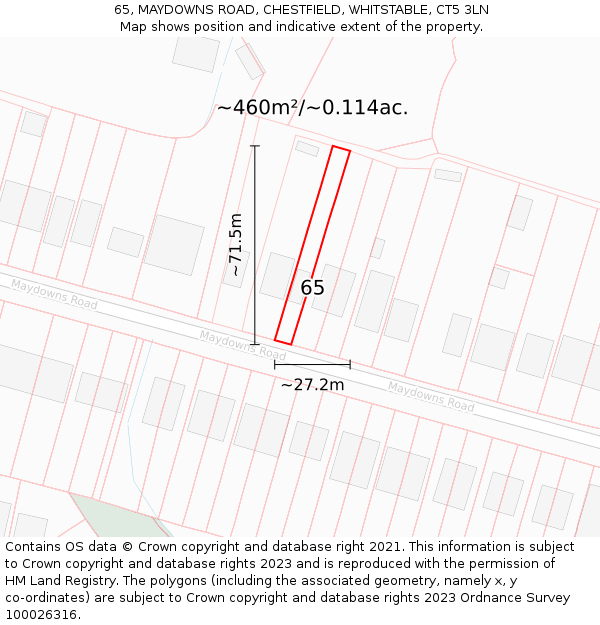 65, MAYDOWNS ROAD, CHESTFIELD, WHITSTABLE, CT5 3LN: Plot and title map