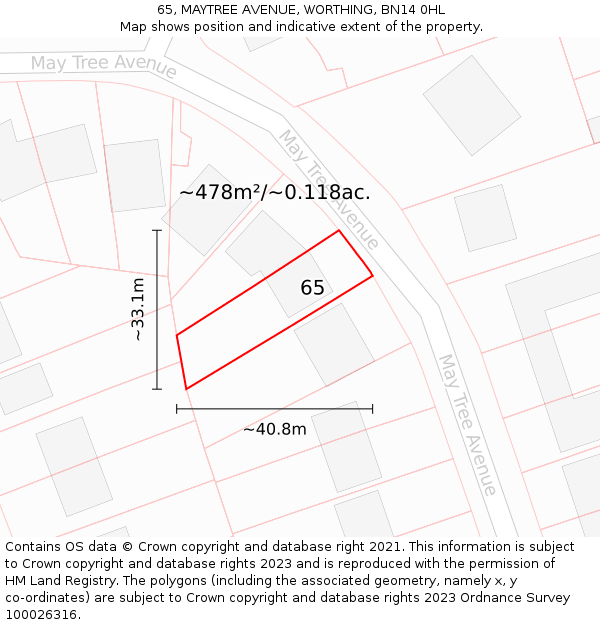 65, MAYTREE AVENUE, WORTHING, BN14 0HL: Plot and title map