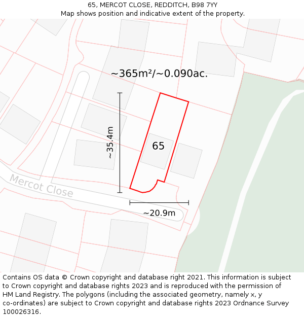 65, MERCOT CLOSE, REDDITCH, B98 7YY: Plot and title map