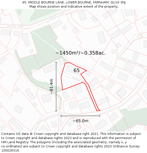 65, MIDDLE BOURNE LANE, LOWER BOURNE, FARNHAM, GU10 3NJ: Plot and title map