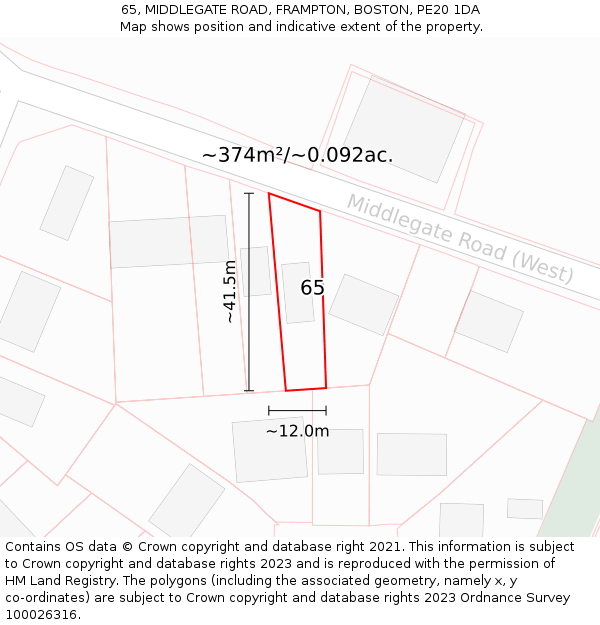 65, MIDDLEGATE ROAD, FRAMPTON, BOSTON, PE20 1DA: Plot and title map