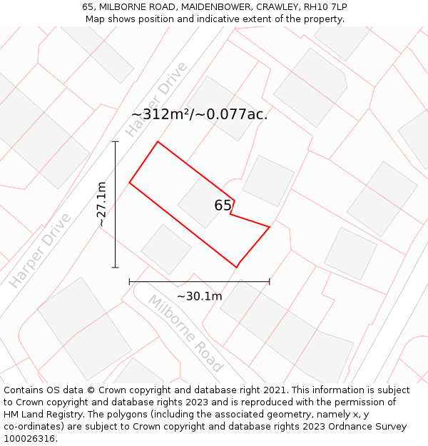 65, MILBORNE ROAD, MAIDENBOWER, CRAWLEY, RH10 7LP: Plot and title map