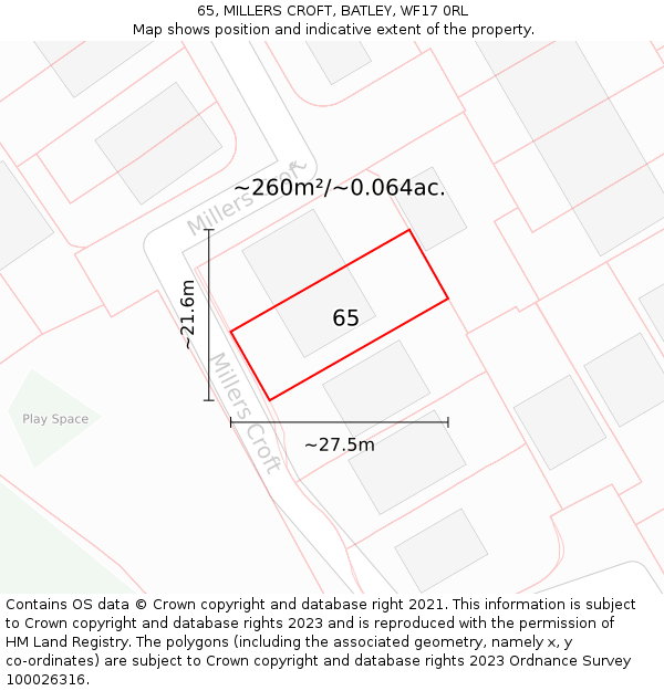 65, MILLERS CROFT, BATLEY, WF17 0RL: Plot and title map