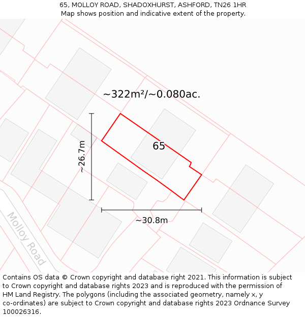 65, MOLLOY ROAD, SHADOXHURST, ASHFORD, TN26 1HR: Plot and title map