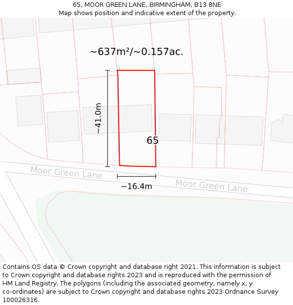 65, MOOR GREEN LANE, BIRMINGHAM, B13 8NE: Plot and title map