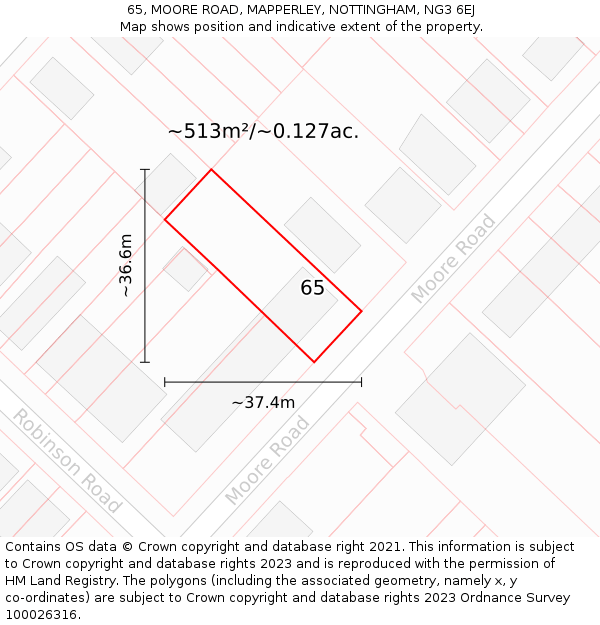 65, MOORE ROAD, MAPPERLEY, NOTTINGHAM, NG3 6EJ: Plot and title map