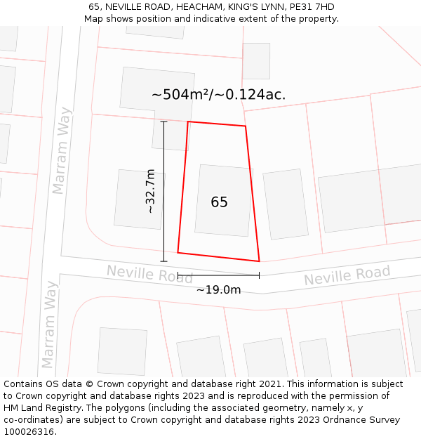 65, NEVILLE ROAD, HEACHAM, KING'S LYNN, PE31 7HD: Plot and title map