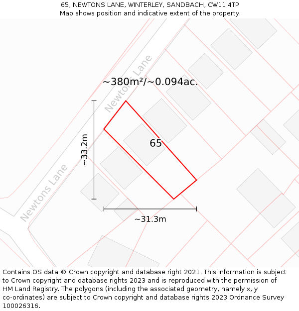 65, NEWTONS LANE, WINTERLEY, SANDBACH, CW11 4TP: Plot and title map