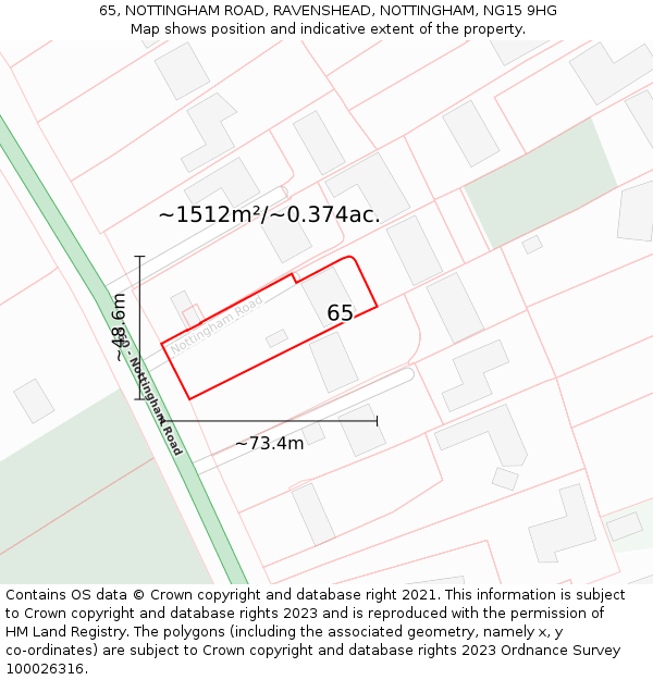 65, NOTTINGHAM ROAD, RAVENSHEAD, NOTTINGHAM, NG15 9HG: Plot and title map