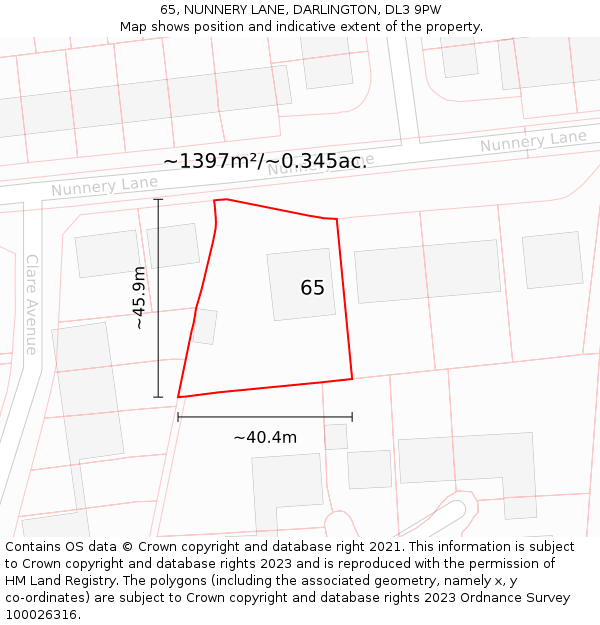 65, NUNNERY LANE, DARLINGTON, DL3 9PW: Plot and title map