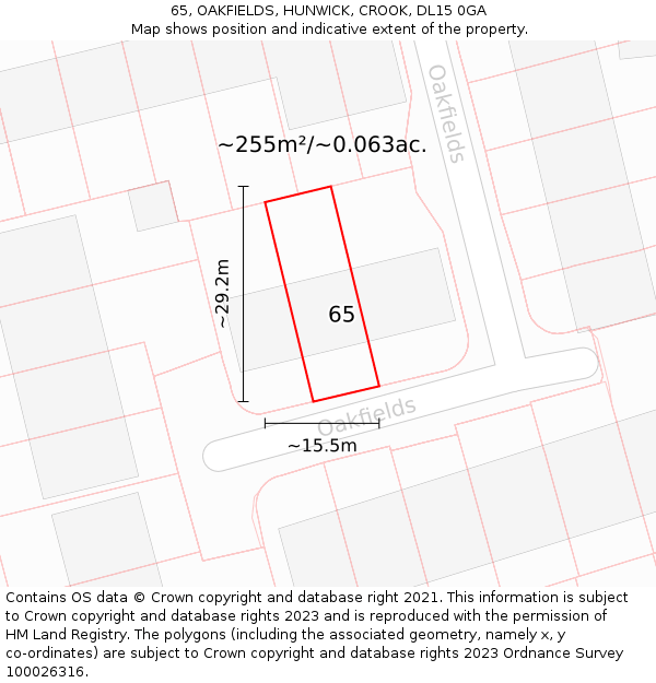 65, OAKFIELDS, HUNWICK, CROOK, DL15 0GA: Plot and title map