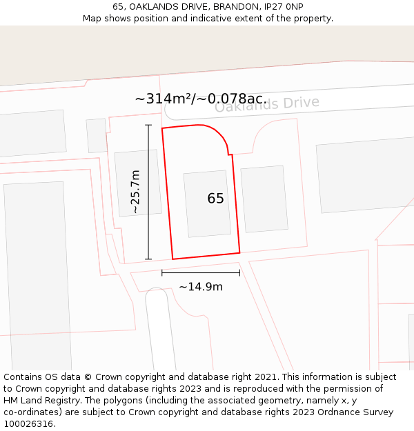 65, OAKLANDS DRIVE, BRANDON, IP27 0NP: Plot and title map