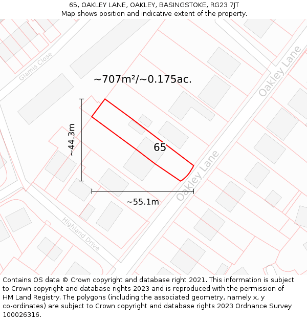 65, OAKLEY LANE, OAKLEY, BASINGSTOKE, RG23 7JT: Plot and title map