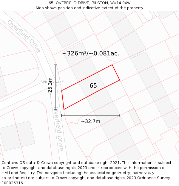 65, OVERFIELD DRIVE, BILSTON, WV14 9XW: Plot and title map