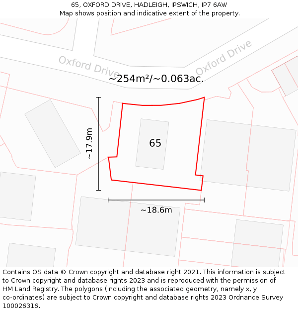 65, OXFORD DRIVE, HADLEIGH, IPSWICH, IP7 6AW: Plot and title map