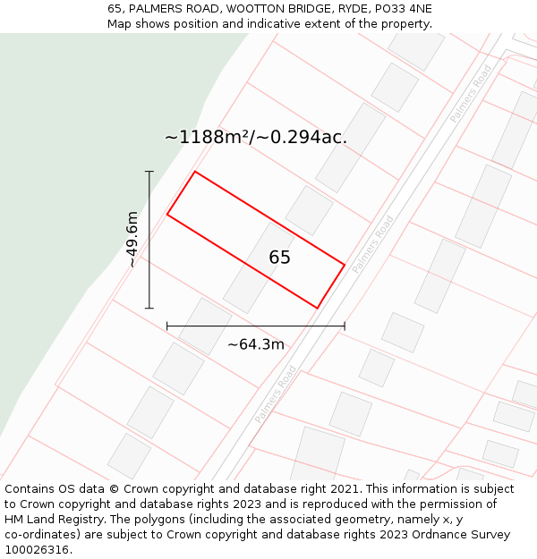 65, PALMERS ROAD, WOOTTON BRIDGE, RYDE, PO33 4NE: Plot and title map