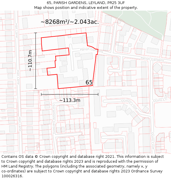 65, PARISH GARDENS, LEYLAND, PR25 3UF: Plot and title map