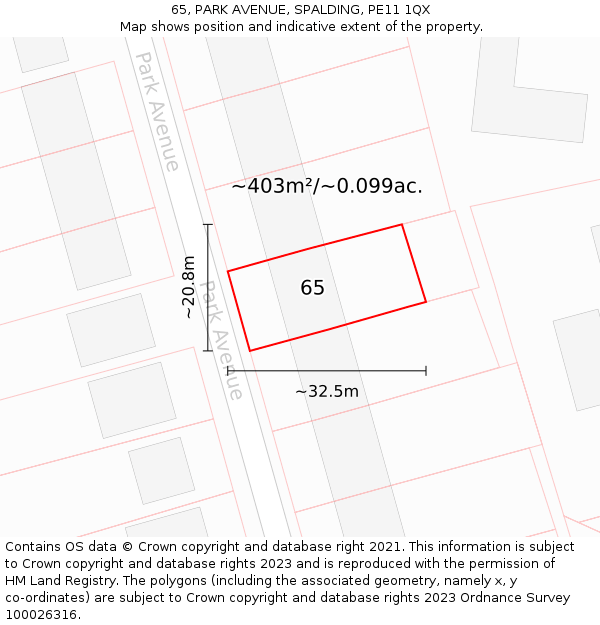 65, PARK AVENUE, SPALDING, PE11 1QX: Plot and title map