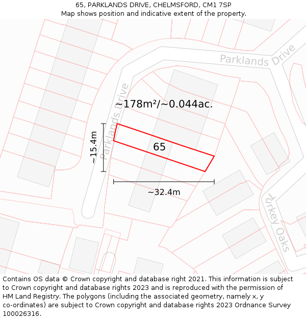 65, PARKLANDS DRIVE, CHELMSFORD, CM1 7SP: Plot and title map