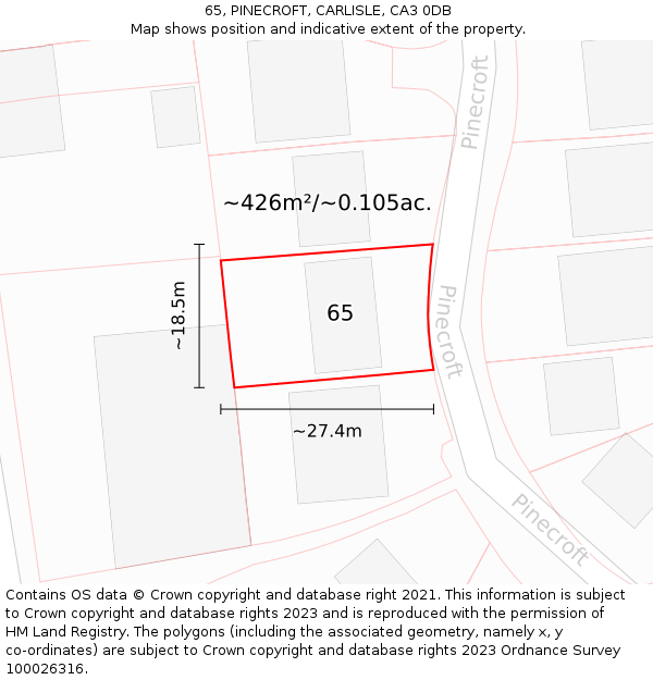 65, PINECROFT, CARLISLE, CA3 0DB: Plot and title map