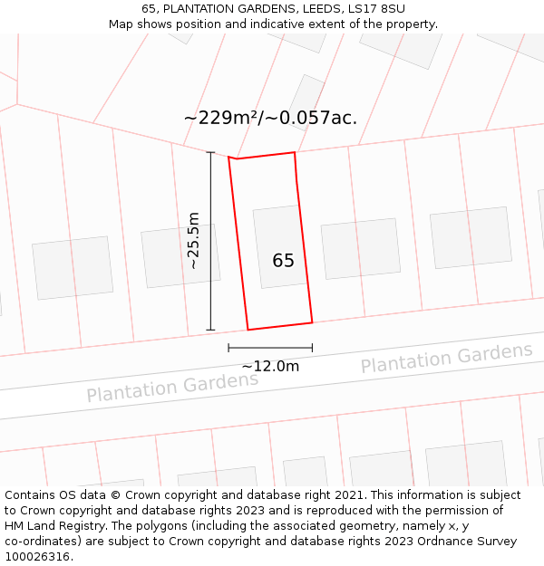 65, PLANTATION GARDENS, LEEDS, LS17 8SU: Plot and title map