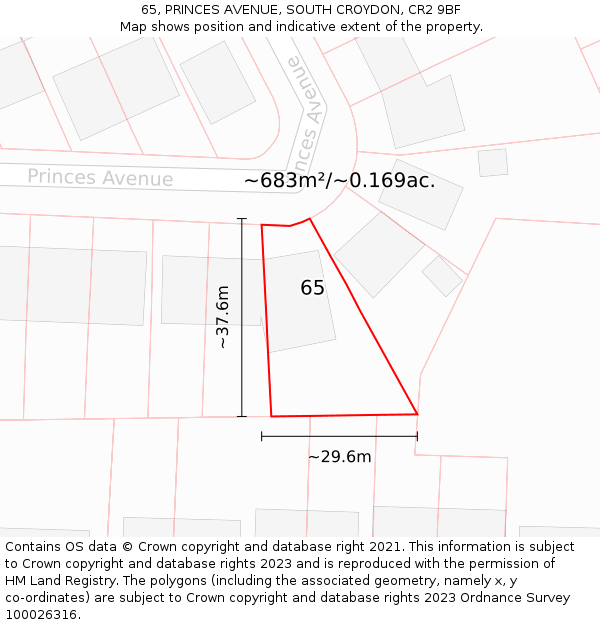 65, PRINCES AVENUE, SOUTH CROYDON, CR2 9BF: Plot and title map
