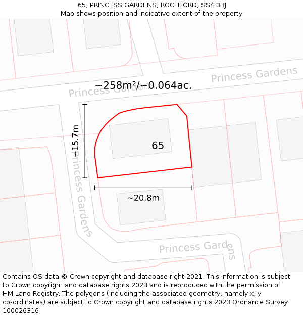 65, PRINCESS GARDENS, ROCHFORD, SS4 3BJ: Plot and title map