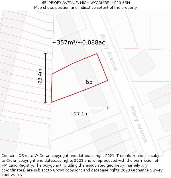 65, PRIORY AVENUE, HIGH WYCOMBE, HP13 6SN: Plot and title map