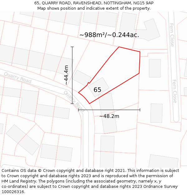 65, QUARRY ROAD, RAVENSHEAD, NOTTINGHAM, NG15 9AP: Plot and title map