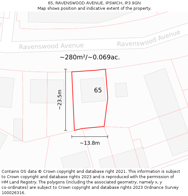 65, RAVENSWOOD AVENUE, IPSWICH, IP3 9GN: Plot and title map