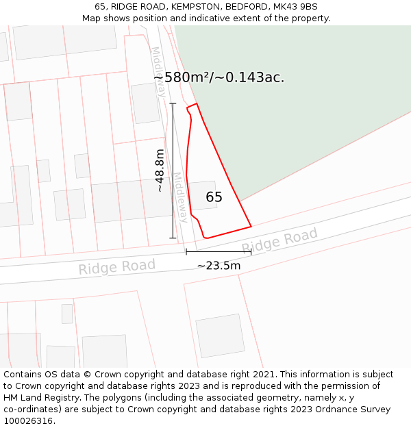 65, RIDGE ROAD, KEMPSTON, BEDFORD, MK43 9BS: Plot and title map