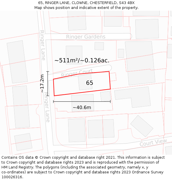 65, RINGER LANE, CLOWNE, CHESTERFIELD, S43 4BX: Plot and title map