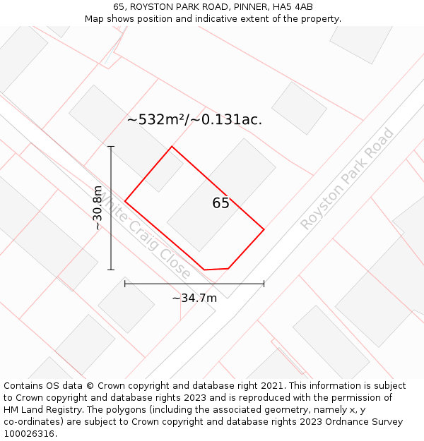 65, ROYSTON PARK ROAD, PINNER, HA5 4AB: Plot and title map