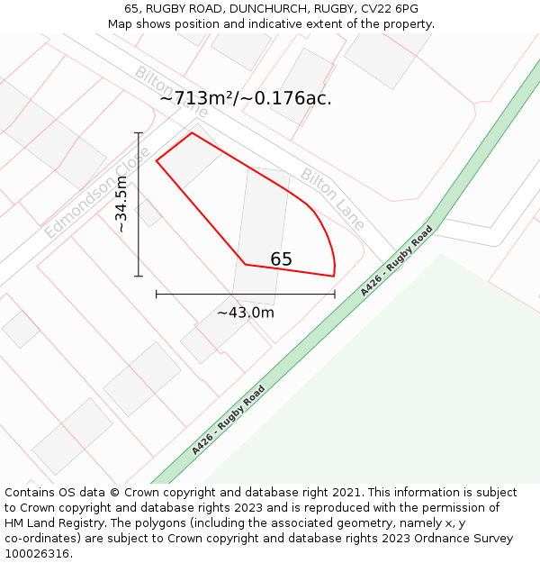 65, RUGBY ROAD, DUNCHURCH, RUGBY, CV22 6PG: Plot and title map