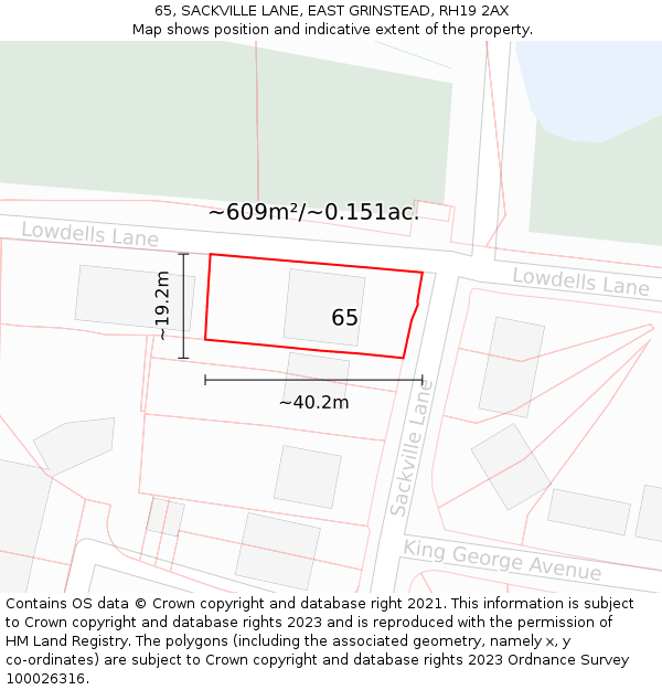 65, SACKVILLE LANE, EAST GRINSTEAD, RH19 2AX: Plot and title map
