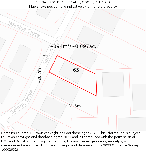 65, SAFFRON DRIVE, SNAITH, GOOLE, DN14 9RA: Plot and title map