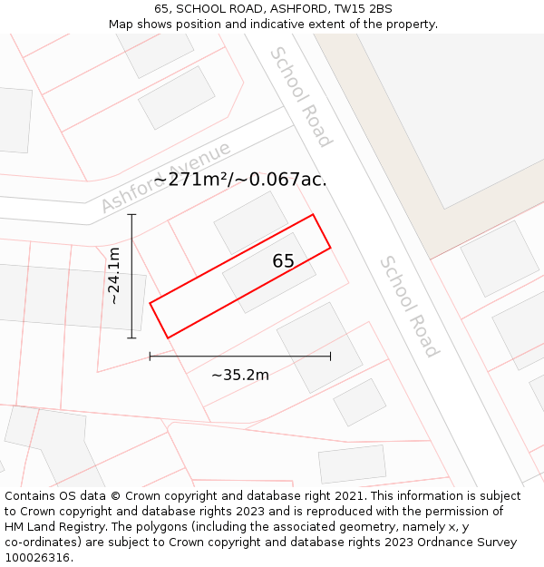 65, SCHOOL ROAD, ASHFORD, TW15 2BS: Plot and title map