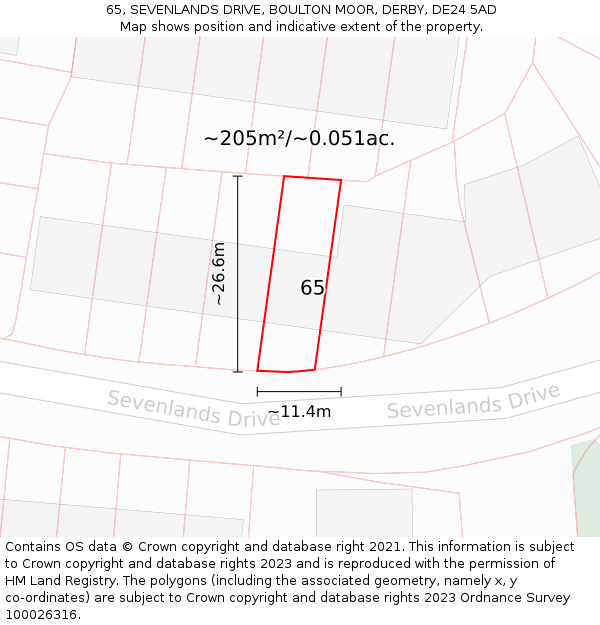 65, SEVENLANDS DRIVE, BOULTON MOOR, DERBY, DE24 5AD: Plot and title map