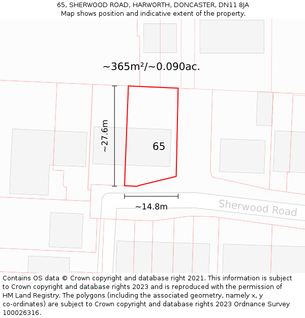 65, SHERWOOD ROAD, HARWORTH, DONCASTER, DN11 8JA: Plot and title map