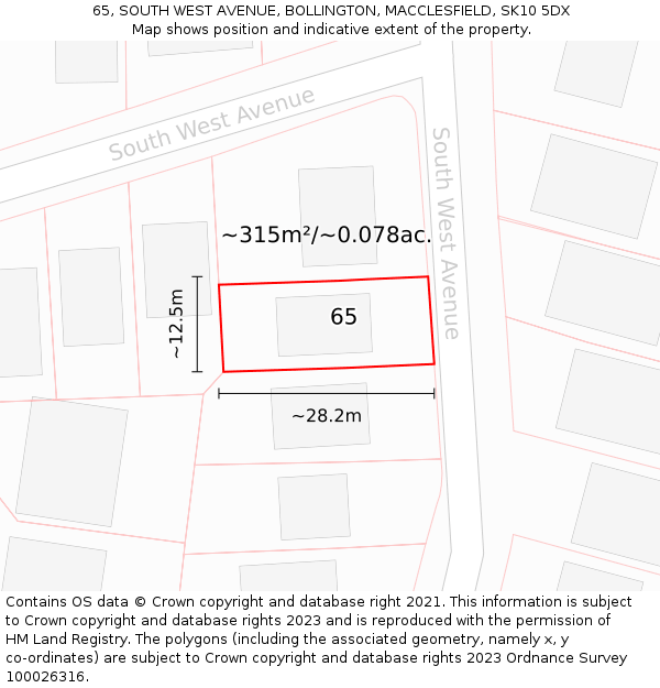 65, SOUTH WEST AVENUE, BOLLINGTON, MACCLESFIELD, SK10 5DX: Plot and title map