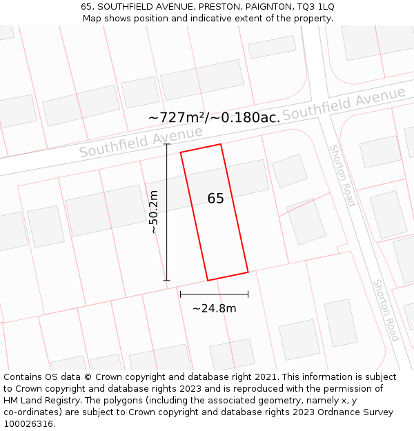 65, SOUTHFIELD AVENUE, PRESTON, PAIGNTON, TQ3 1LQ: Plot and title map