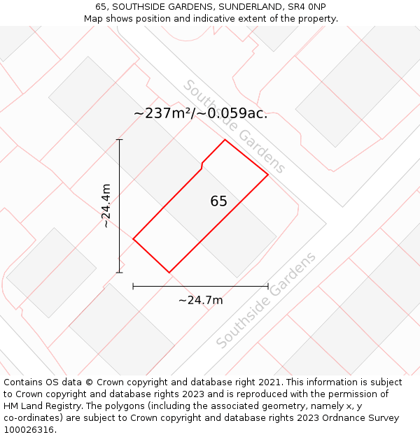 65, SOUTHSIDE GARDENS, SUNDERLAND, SR4 0NP: Plot and title map