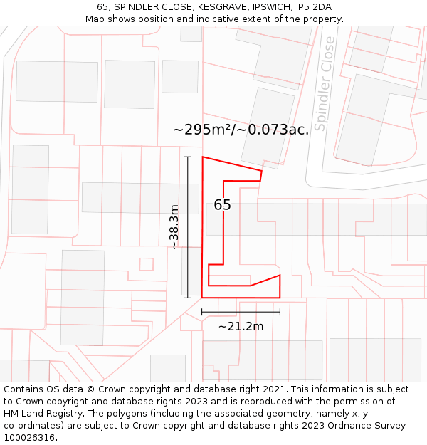65, SPINDLER CLOSE, KESGRAVE, IPSWICH, IP5 2DA: Plot and title map