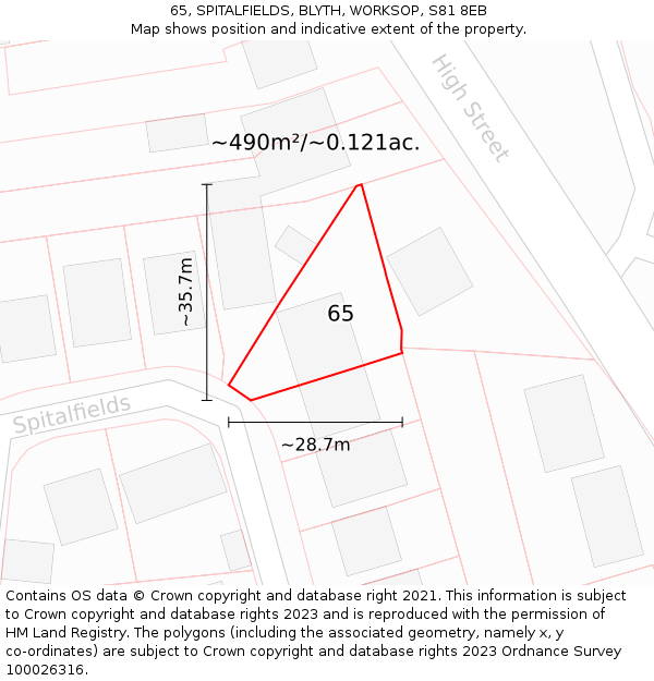 65, SPITALFIELDS, BLYTH, WORKSOP, S81 8EB: Plot and title map