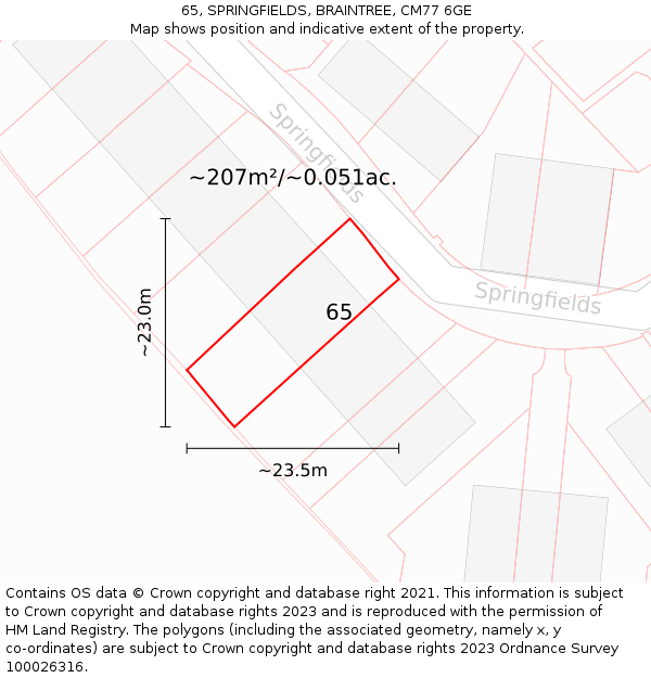 65, SPRINGFIELDS, BRAINTREE, CM77 6GE: Plot and title map