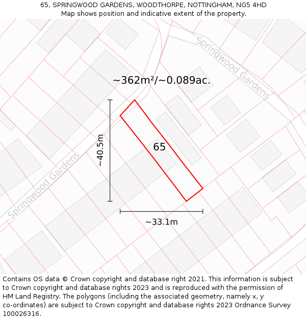 65, SPRINGWOOD GARDENS, WOODTHORPE, NOTTINGHAM, NG5 4HD: Plot and title map