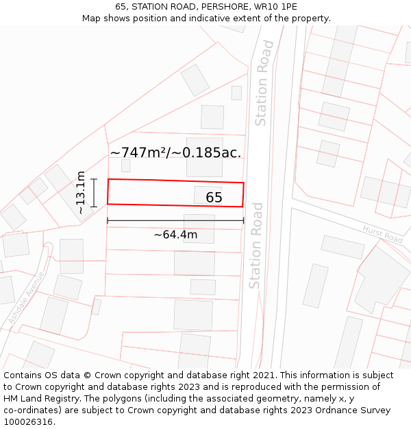 65, STATION ROAD, PERSHORE, WR10 1PE: Plot and title map