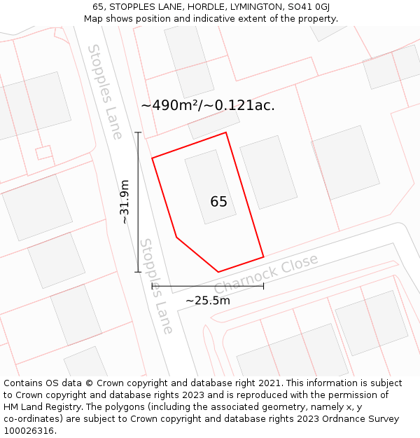 65, STOPPLES LANE, HORDLE, LYMINGTON, SO41 0GJ: Plot and title map